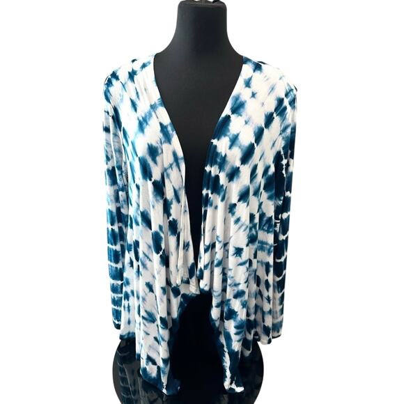 SAINT TROPEZ WEST | Blue White Tie-Dye Knit Waterfall Cardigan | Size Medium - Picture 2 of 7